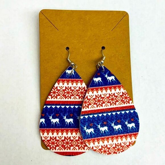 Women’s Faux Leather Teardrop Dangle Various Christmas Pattern Earrings - Picture 1 of 1